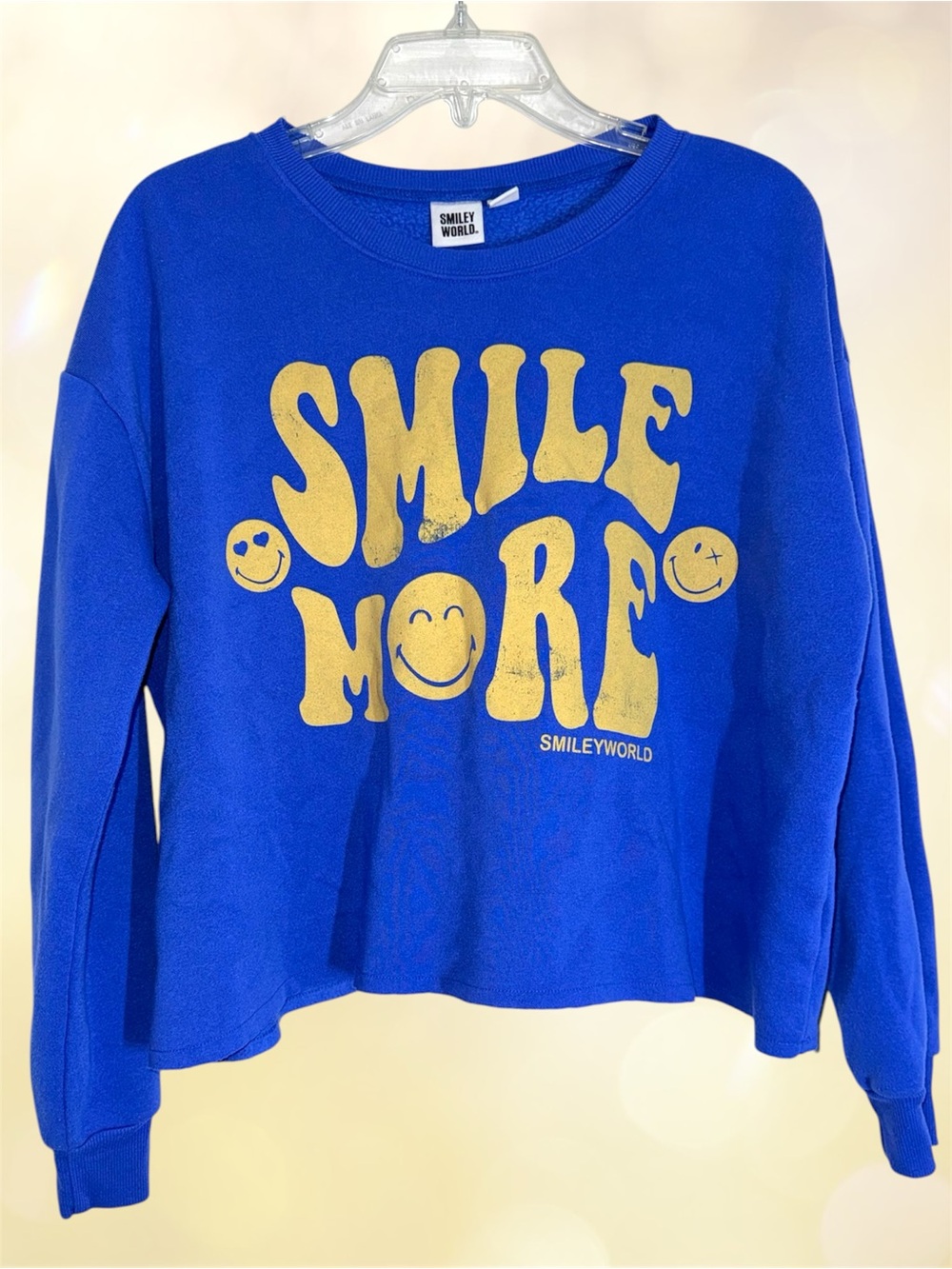 SmileyWorld Bright Royal Blue 'Smile More' Graphic Crop Sweatshirt size M